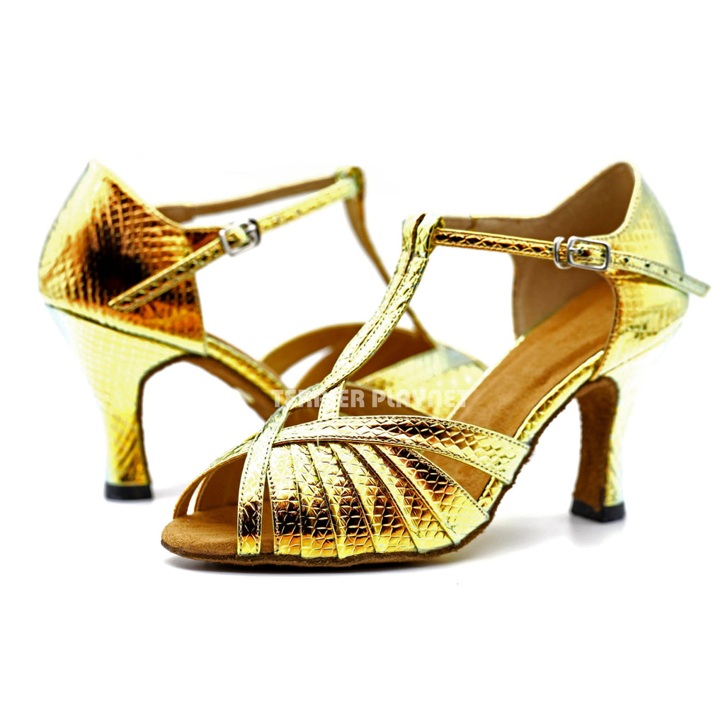 Gold & Multi-Colour Snake Skin Pattern Women Dance Shoes D1150